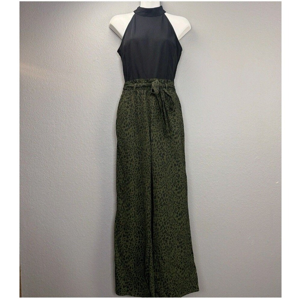 Francescas Mi Ami Halter Top Jumpsuit High Neck Wide Leg Green Black Leopard S